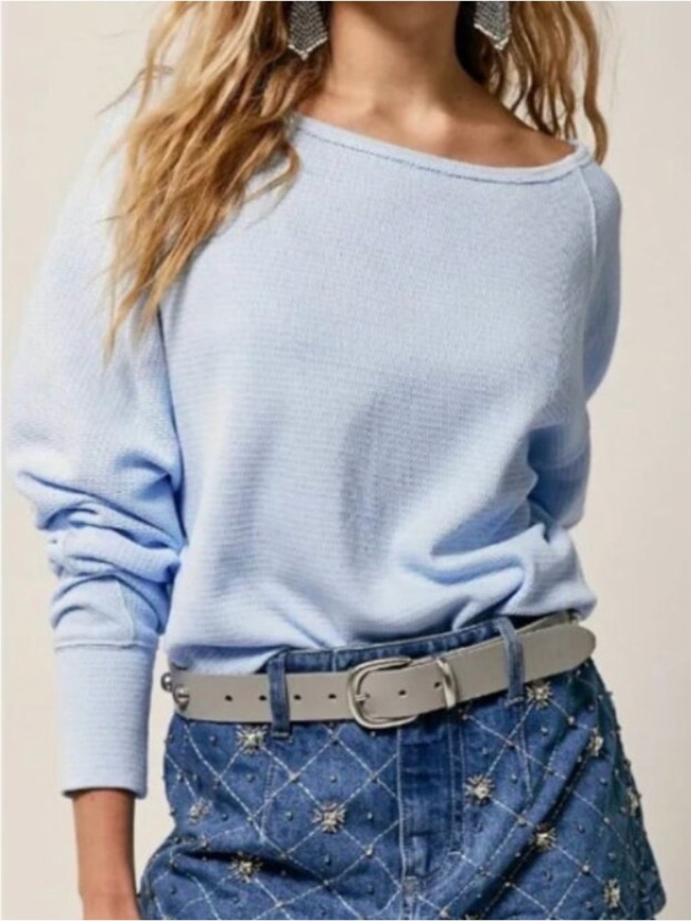 Free People Jess long sleeve pale  Blue Off-the-Shoulder thermal. XS. NWT!